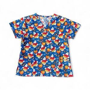 Scrub Wear Blue Pumpkin Ghost Trick or Treat Halloween Print Scrub Top Medium